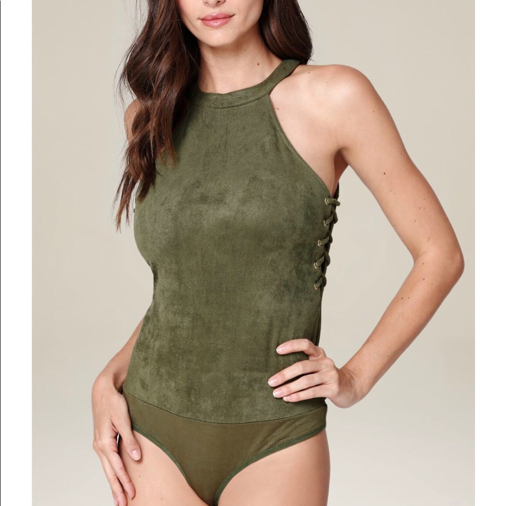 Halter hunter green suede body suit,